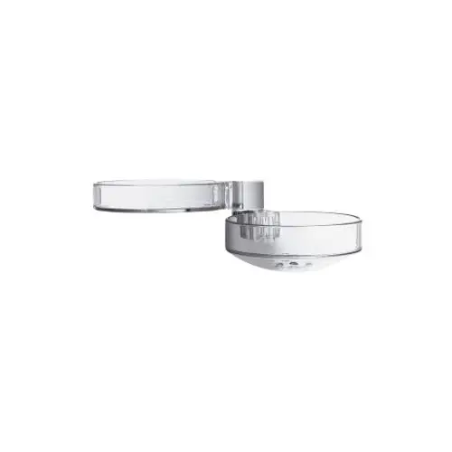 Transparente Seifenschale von Hansgrohe mit zwei Fächern, einem abgerundeten und einem flachen Teil, montiert an einer Wandhalterung.